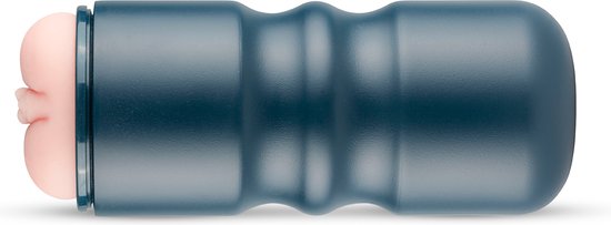 Masturbateur bleu foncé ergonomique couché avec une ouverture rose réaliste sur un côté.