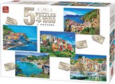 King 5 x 1000 Stukjes Puzzel (68 x 49 cm) - Italië Collection - 5in1 Legpuzzel Landschap + Posters