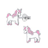 Joy|S - Zilveren eenhoorn oorbellen - roze wit -  unicorn paardje oorknoppen