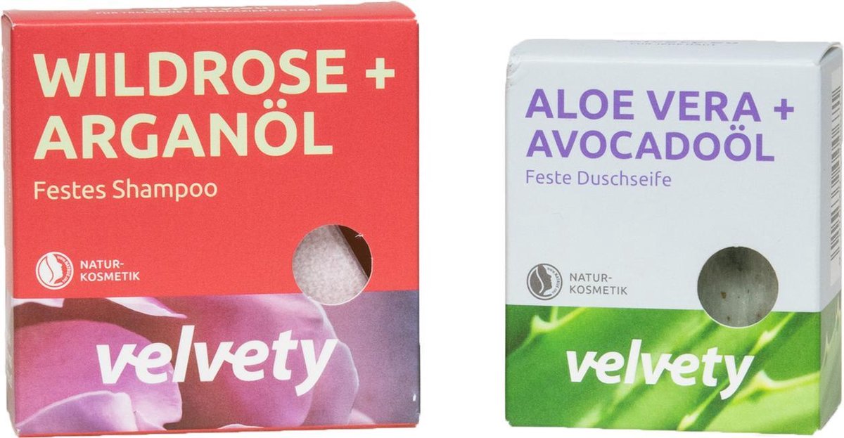 Velvety Shampoo bar Wilderose + argan olie & Soap bar aloë Vera + avocado olie - Plasticvrij