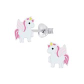Joy|S - Zilveren eenhoorn oorbellen - roze eenhoorn vleugeltjes -  unicorn paardje oorknoppen
