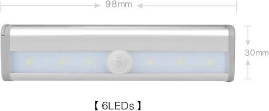 Een zilverkleurige LED-lamp met bewegingssensor van 98 mm lang en 30 mm breed, met de tekst '【6LEDs】'.