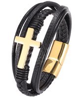 Leren Armband met Kruis - Cross Bracelet - Zwart met Goud kleurig Kruis (21cm) - Armband Heren - Armband Mannen - Valentijnsdag voor Mannen - Valentijn Cadeautje voor Hem - Valenti