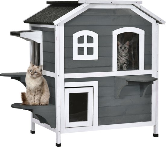PawHut Maison de chat extérieure maison de chat avec villa de chat à 2  étages, toit en... | bol.com