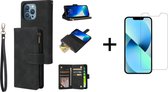Luxe Telefoonhoesje voor Apple iPhone 13 Pro Max | Hoogwaardig Leren Bookcase | Lederen Wallet Case | Luxe Uitstraling | Pasjeshouder 6 stuks | Zwart + 1x Screenprotector