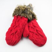 Wanten - Handschoenen - Dames - gebreid met nepbont - fleece voering - one size - Rood