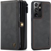 CaseMe Multi Wallet Samsung S21 Ultra hoesje zwart - Wallet - ruimte voor 10+ pasjes - extra ritsvak