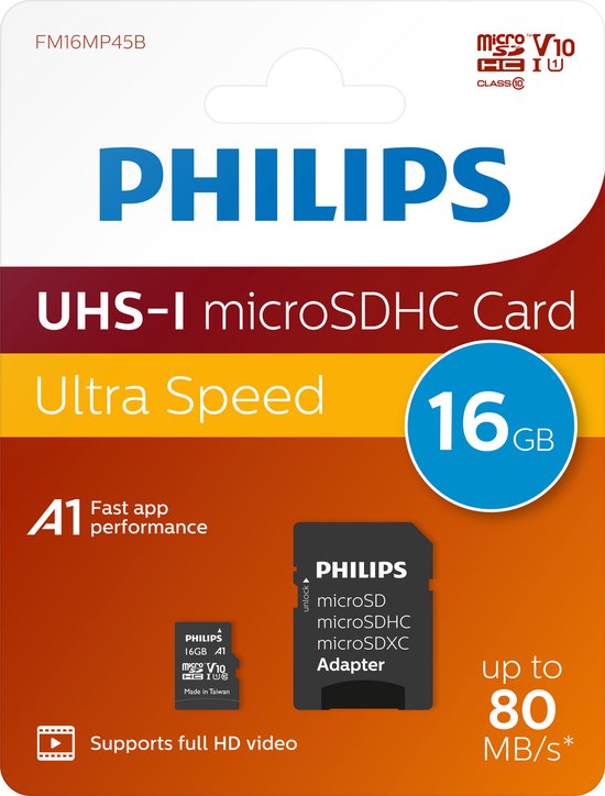 Philips UHS-I microSDHC kaart, 16GB, Ultra Speed, A1, met adapter. Tot 80 MB/s.