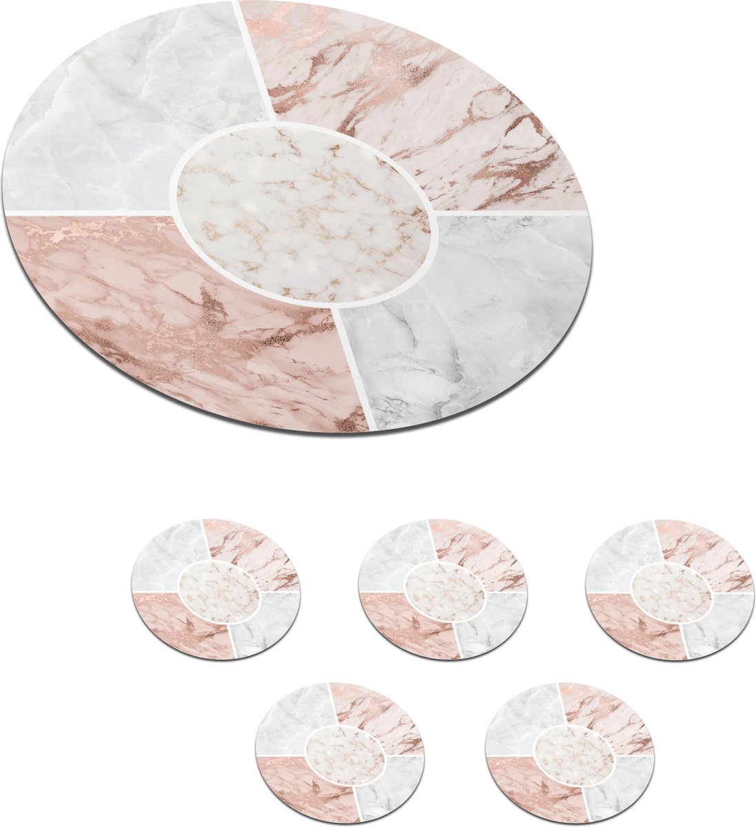 Onderzetters voor glazen - Rond - Marmer - Rosé - Wit - 10x10 cm - Glasonderzetters - 6 stuks