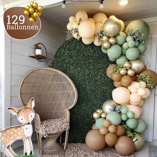 Sellaio Ballonnenboog olijfgroen – Mokka - Koffie kleur - Ballonnen verjaardag – Versiering - Bruiloft – Inclusief strip en pomp – Complete set – 131 ballonnen