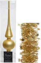 Kerstversiering glazen piek mat 26 cm en sterren folieslingers pakket goud van 3x stuks - Kerstboomversiering