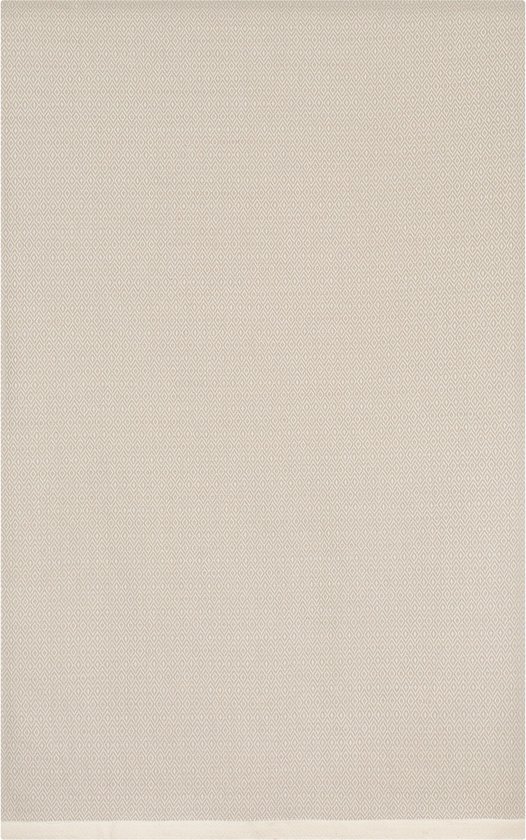 Een beige plaid met een subtiel ruitpatroon en een witte rand aan de onderkant.
