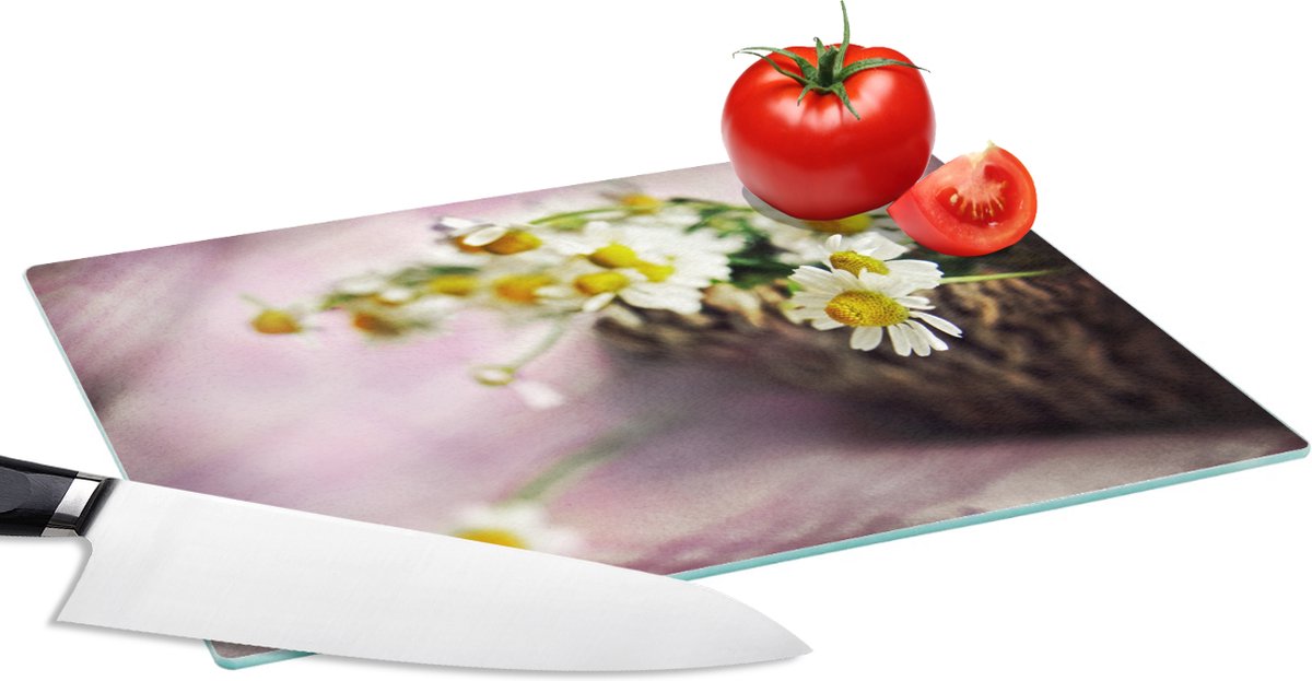 Glazen Snijplank - 28x20 - Bloemen - Mand - Wit - Snijplanken Glas