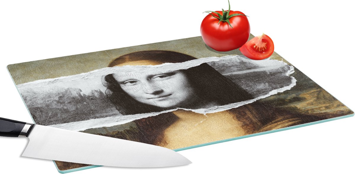 Glazen Snijplank - 39x28 - Mona Lisa - Da Vinci - Zwart - Wit - Snijplanken Glas