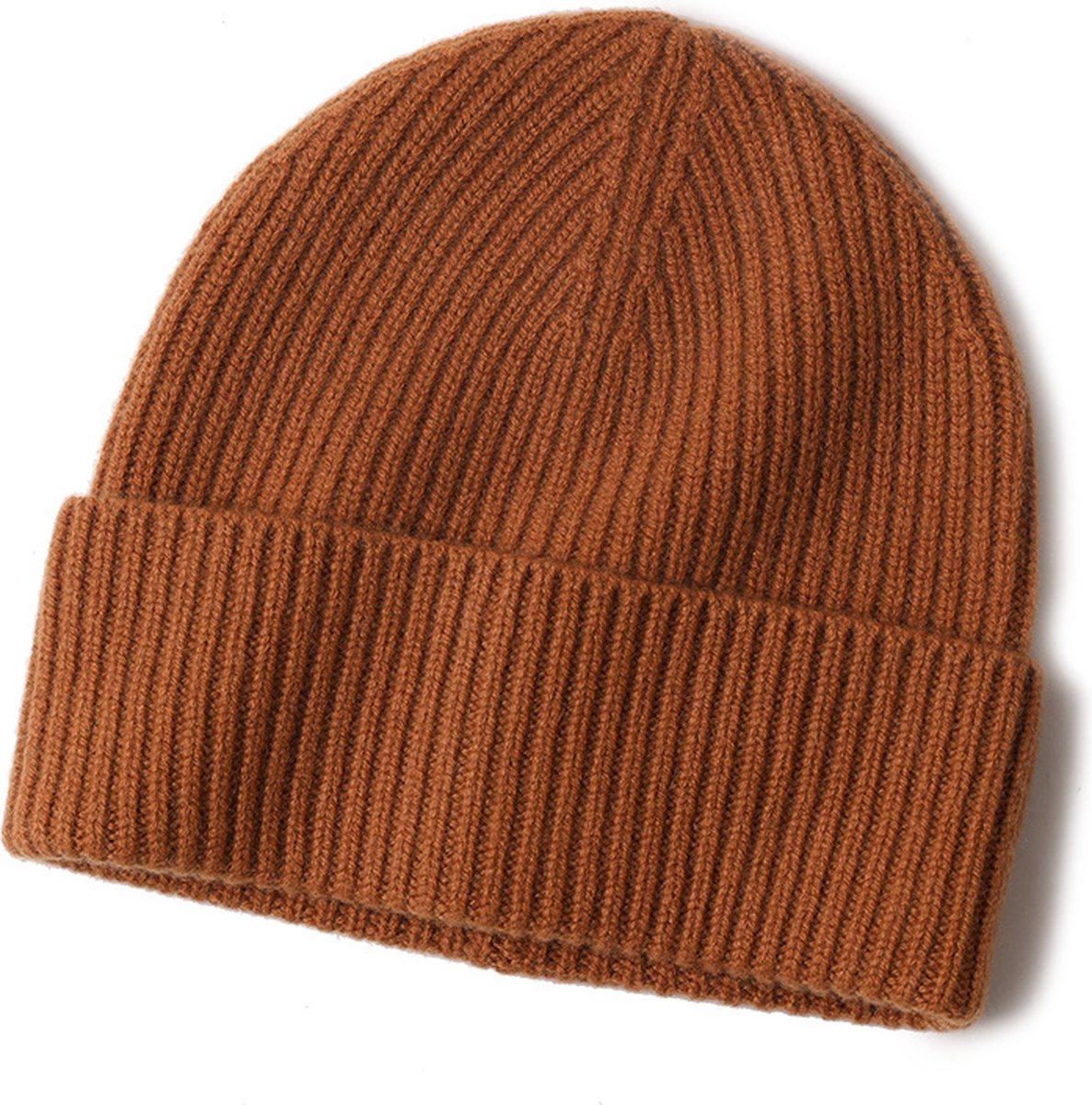 Hommard Cashmere Rib Stitch Turn up Beanie, 100% Cashmere, Luxe, Kasjmier, heren, dames, unisex, Caramel