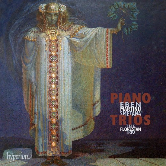 Een art nouveau-illustratie van een vrouw in een lang wit gewaad met gouden en gekleurde details, die een tak met bladeren vasthoudt. De titel 'PIANO TRIOS' is rechtsboven.
