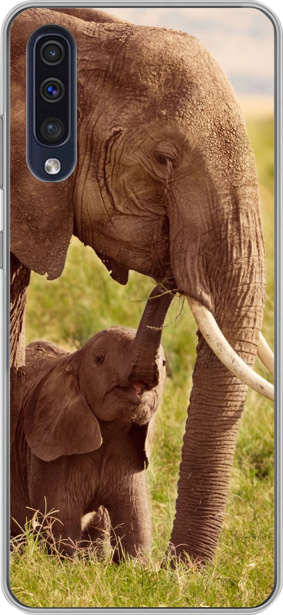 Telefoonhoesje Geschikt voor Samsung Galaxy A50 hoesje - Olifant - Gras - Jong - Slurf - Siliconen Telefoonhoesje Telefoonhoesje