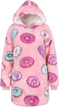 Roze, warme oversized sweater met kleurrijke donuts / MAAT M-L