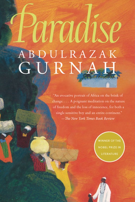 Boek 'Paradise' van Abdulrazak Gurnah, met een kleurrijke illustratie van mensen die goederen dragen.