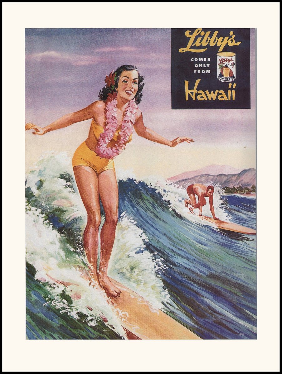 Esque Vintage Poster Surfing In Hawaii - Retro Ad Surfen Golven - Large 50x70 cm - Met Passe Partout Blauw, roze, wit