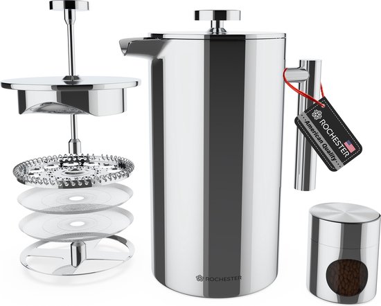 Rochester French Press - Cafetiere met Bonenpotje - Koffiemaker - 1 Liter - Vaatwasserbestendig – Dubbelwandig - RVS Rochester French Press - Cafetiere met Bonenpotje - Koffiemaker - 1 Liter - Vaatwasserbestendig – Dubbelwandig - RVS