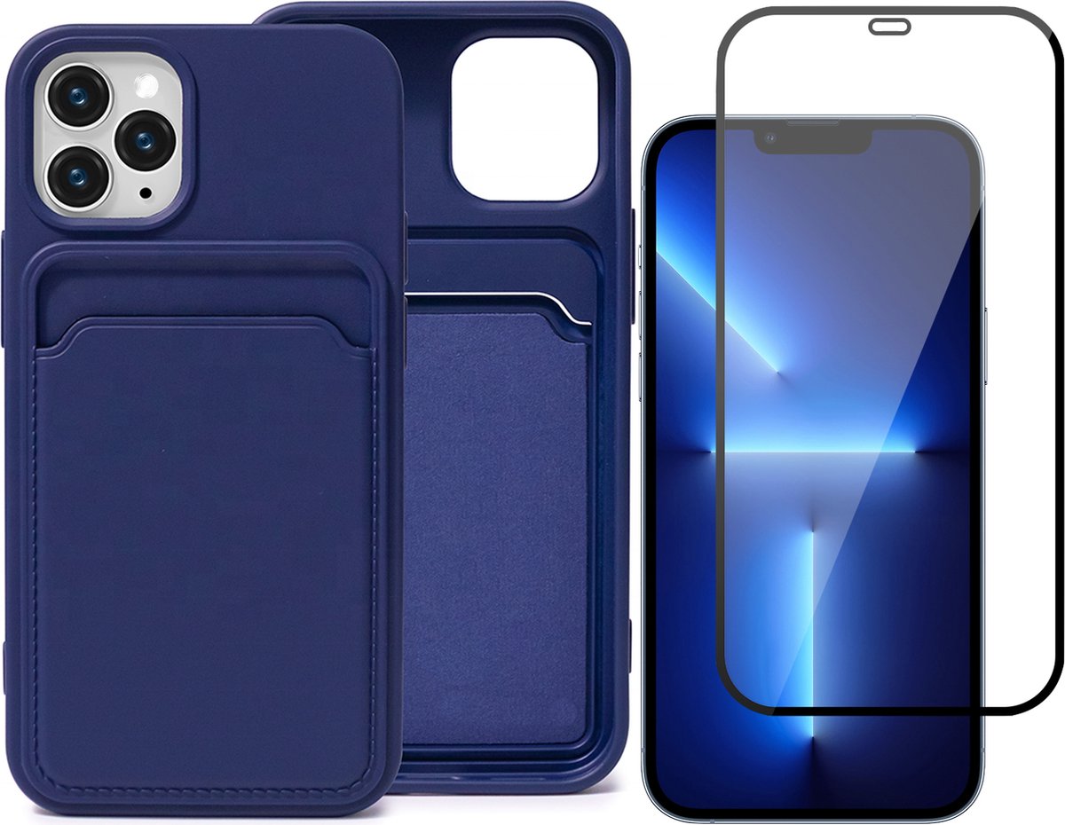 Blauw Pasjeshouder Hoesje geschikt voor Apple iPhone 13 Pro Max - Screenprotector Glas - Case met Pasjeshouder