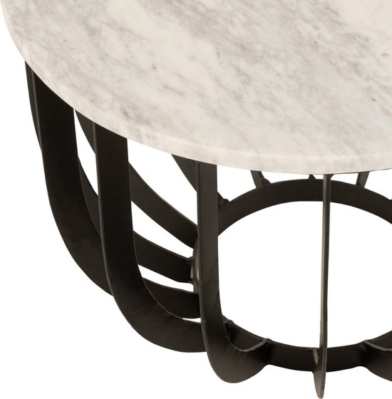 Table d'appoint ronde avec plateau en marbre blanc et structure en métal noir avec barreaux courbés.