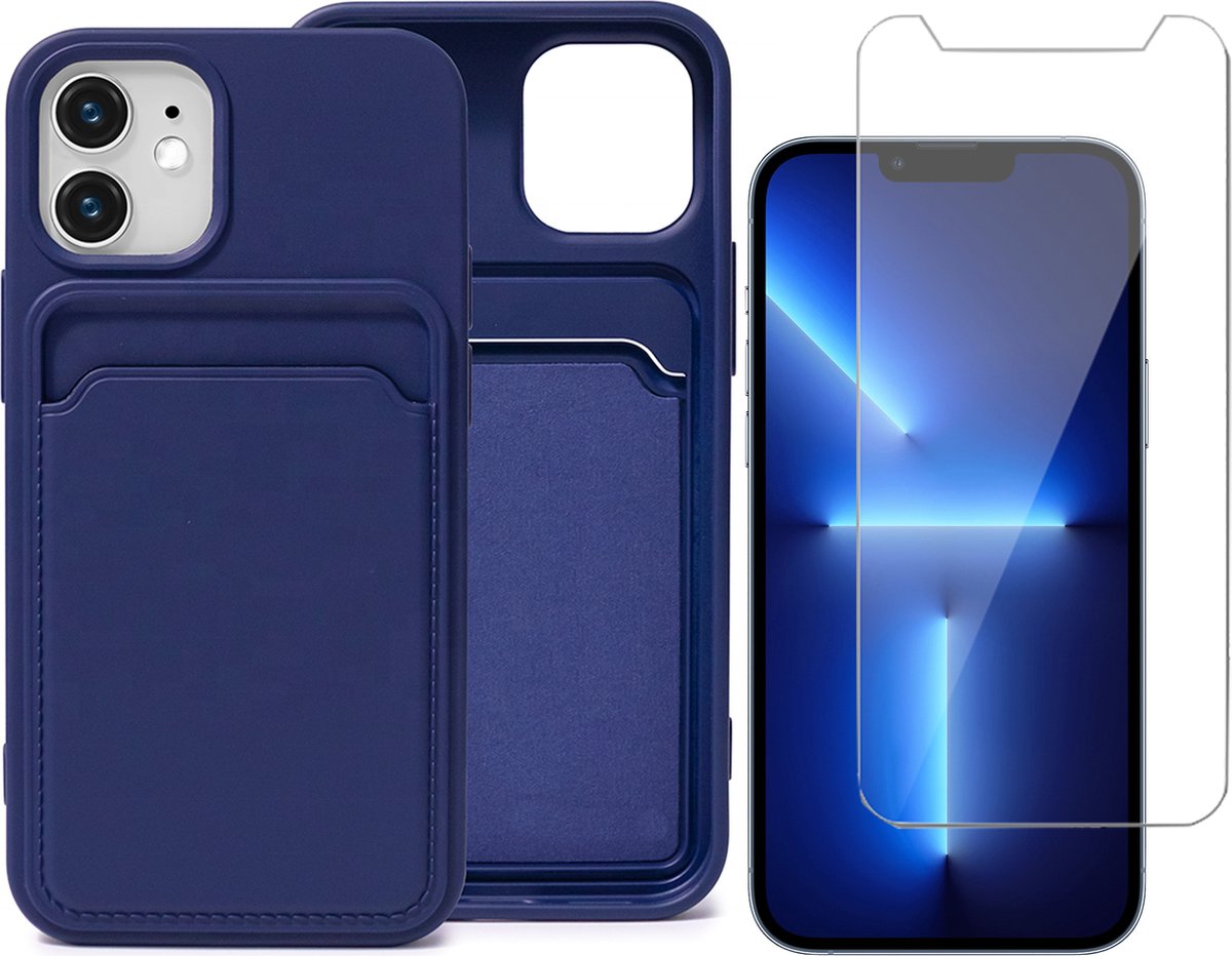 Blauw Pasjeshouder Hoesje geschikt voor Apple iPhone 12 Mini - Screenprotector Glas - Case met Pasjeshouder - Kaart TPU Backcover