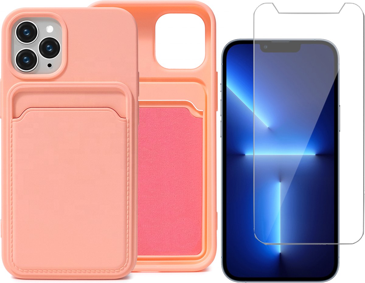 Roze Pasjeshouder Hoesje geschikt voor Apple iPhone 12 Pro Max - Screenprotector Glas - Case met Pasjeshouder
