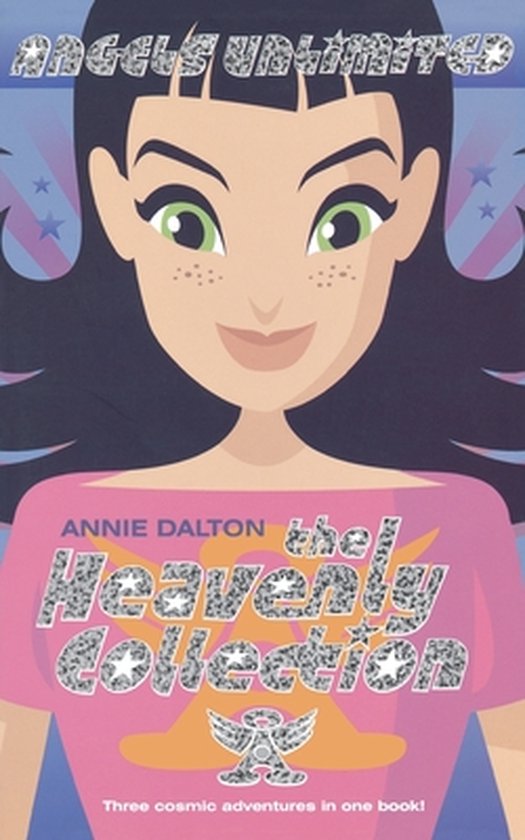 Couverture du livre 'The Heavenly Collection' avec une fille dessinée aux cheveux foncés, yeux verts et un t-shirt rose avec du texte.