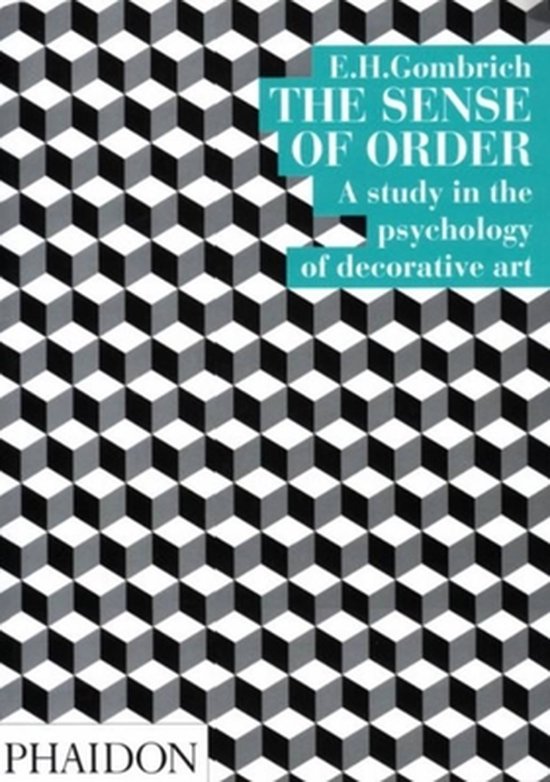 Boek 'The Sense of Order: A study in the psychology of decorative art' door E.H. Gombrich, met een zwart-wit geometrisch patroon.