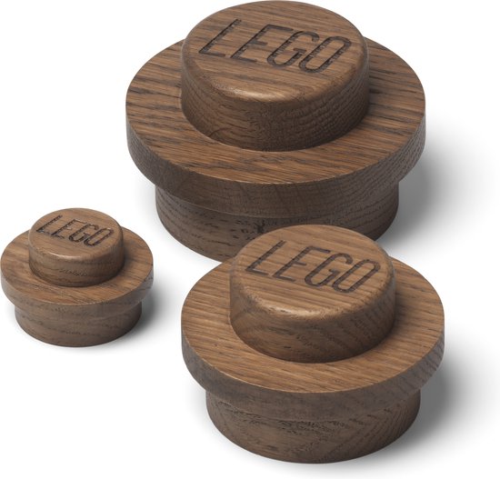 LEGO Iconic Wandknoppen - Kapstok - Set van 3 Stuks - Donker Eiken - Hout - Wooden - Design