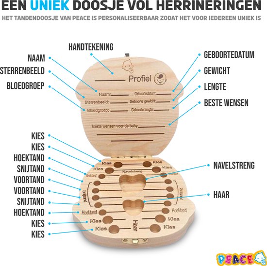 PEACE Tandendoosje Jongens - Melktanden Bewaardoosje Voor Kinderen - Haarlokdoosje Hout - Kraamcadeau - Baby Geboorte Cadeau van Merkloos — afbeelding 2