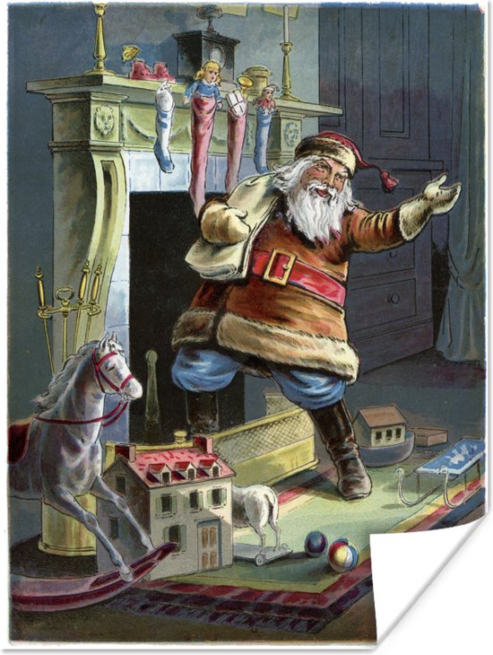 Vintage kerstman aan de schoorsteen poster - Poster