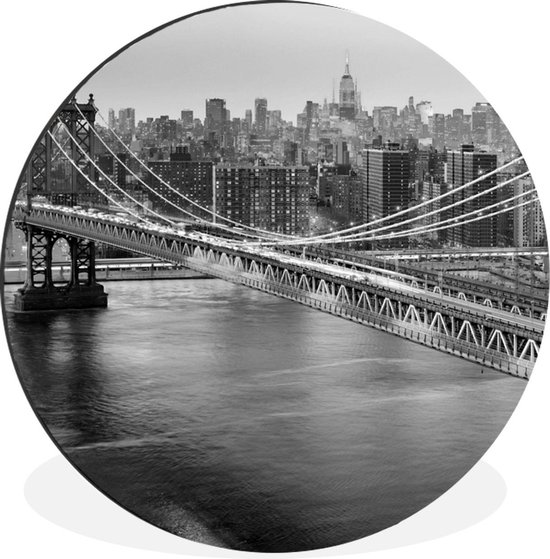 WallCircle - Wandcirkel - Muurcirkel - De Brooklyn Bridge bij zonsondergang - zwart wit - Aluminium - Dibond - ⌀ 60 cm - Binnen en Buiten