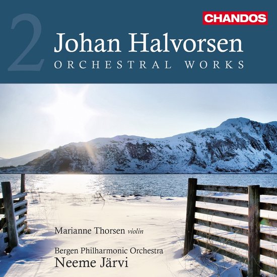 Omslag van Johan Halvorsen Orchestral Works Volume 2. De tekst "2 Johan Halvorsen Orchestral Works" staat op een donkerblauwe band. Hieronder een winterse fjordlandschap met besneeuwde bergen.