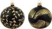 Zwarte Kerstballen met Gouden Glitter Veren en Gouden Kleine Blaadjes - Doosje met 6 glazen kerstballen