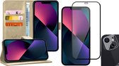 Hoesje geschikt voor iPhone 13 - Book Case Leer Wallet - Goud - Met Full Screenprotector en Camera Screen Protector