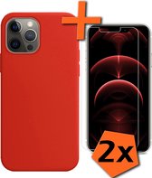 iPhone 13 Pro Hoesje Siliconen Case Met 2x Screenprotector Met Dichte Notch - iPhone 13 Pro Hoes Siliconen Cover Met 2x Beschermglas - Rood