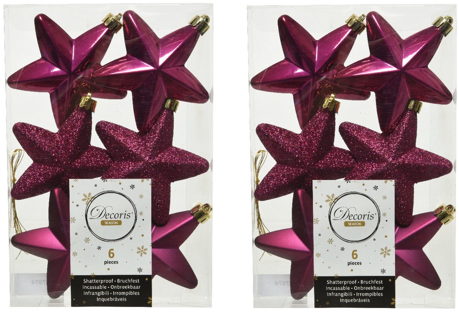 Decoris kersthanger sterren - 12x st - framboos roze - 7 cm - kunststof - kerstornamenten - kerstversiering
