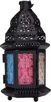Apeirom Oosterse lantaarn - 40 cm - windlicht - geschikt voor led kaarsen - waxinelichtjes - zwart metaal - sfeermaker –meerdere kleuren glas