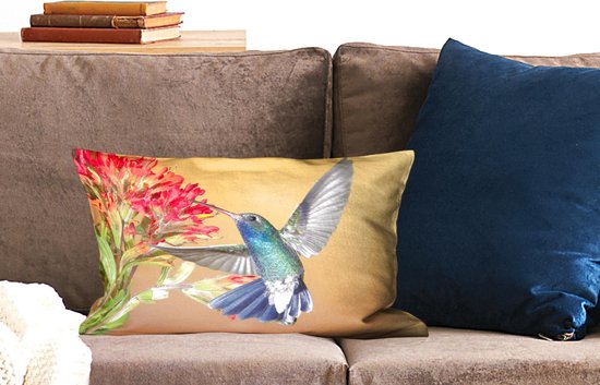 Coussins Coussins décoratifs - Coussin - Colibri aux couleurs vives à côté d'une belle fleur rouge - 50x30 cm - Coussin en coton
