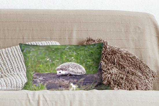 Sierkussen Hérisson pour l'intérieur - Hérisson sur souche d'arbre - 50x30 cm - Coussin intérieur rectangulaire en coton