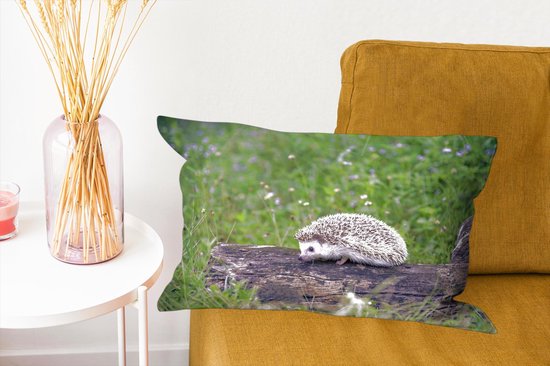 Sierkussen Hérisson pour l'intérieur - Hérisson sur souche d'arbre - 50x30 cm - Coussin intérieur rectangulaire en coton