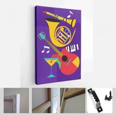 Set jazzfestival posters met saxofoon, trombone, klarinet, viool, contrabas, piano, trompet, basdrum en banjo, gitaar. Geschikt voor akoestische muziekevenementen en jazzconcerten