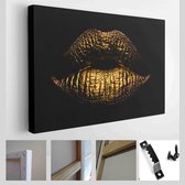 Abstracte gouden lippen. Gouden lippen close-up. Goud metalen kunst lip. Mooie make-up. Gouden lipgloss op schoonheid vrouwelijke mond, close-up - Modern Art Canvas - Horizontaal - 1953337447
