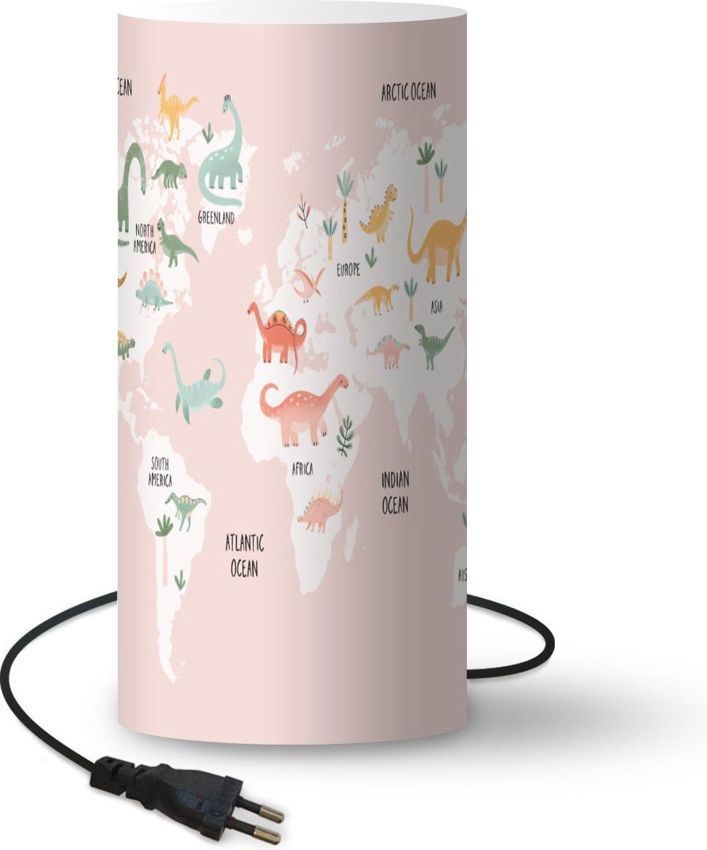 Lamp - Nachtlampje - Tafellamp slaapkamer - Wereldkaart - Kinderen - Dinosaurus - 33 cm hoog - Ø15.9 cm - Inclusief LED lamp
