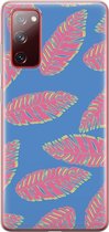 Samsung Galaxy S20 FE Telefoonhoesje - Transparant Siliconenhoesje - Flexibel - Met Plantenprint - Tropische Blaadjes - Donkerblauw
