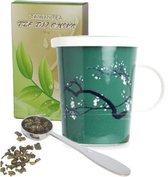 Cadeau set voor moeder, vriendin of oma bestaande uit losse groene thee van de hele theebladeren 50 gram thee theebeker groene magnolia 300 ml plus stalen maatlepel.