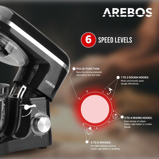 AREBOS Keukenmachine - 1500W - Keukenrobot - 6L - Keukenmixer - Foodprocessor - Roestvrij Stalen Mengkom - 6 Snelheden - Zwart van AREBOS — afbeelding 4